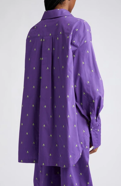 Shop Attico Diana Logo Print Oversize Split Hem Cotton Button-up Shirt In Purple/ Light Green