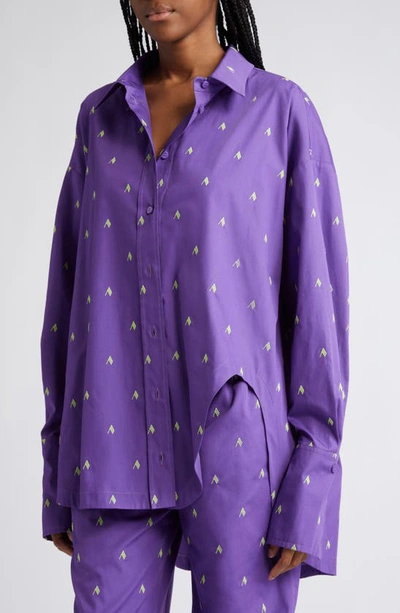 Shop Attico Diana Logo Print Oversize Split Hem Cotton Button-up Shirt In Purple/ Light Green