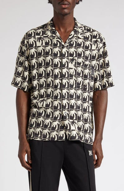 Shop Palm Angels Dripping Palms Short Sleeve Bowling Shirt In Black Offwhite