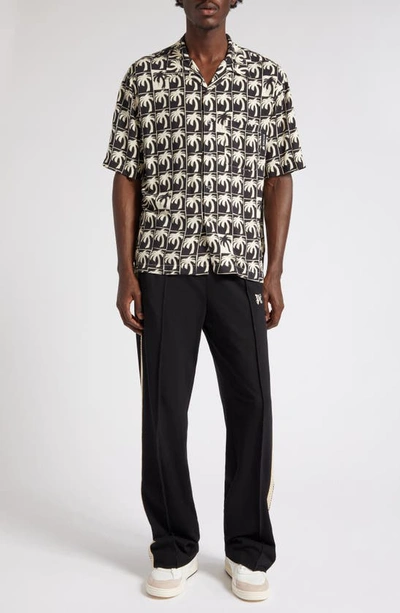 Shop Palm Angels Dripping Palms Short Sleeve Bowling Shirt In Black Offwhite