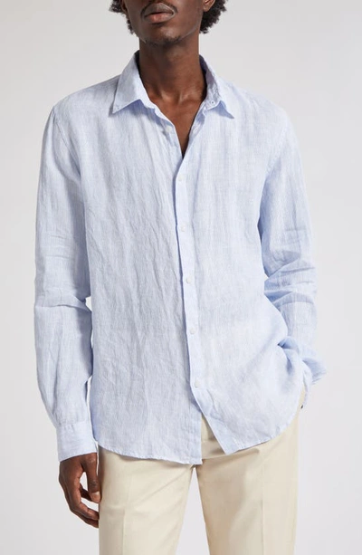 Shop Sunspel Stripe Linen Button-up Shirt In Cool Blue Micro Stripe