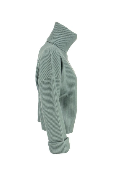 Shop Brunello Cucinelli Cashmere Turtleneck Sweater With Monile In Aqua Green