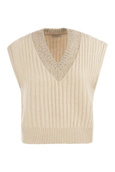 Brunello Cucinelli Ribbed Cashmere Waistcoat With Dazzling Neckline In Sand