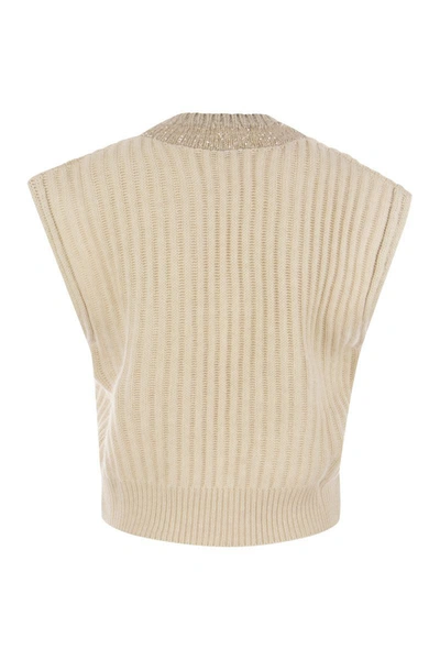 Brunello Cucinelli Ribbed Cashmere Waistcoat With Dazzling Neckline In Sand
