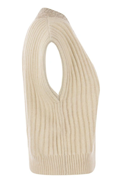 Brunello Cucinelli Ribbed Cashmere Waistcoat With Dazzling Neckline In Sand