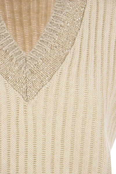 Brunello Cucinelli Ribbed Cashmere Waistcoat With Dazzling Neckline In Sand