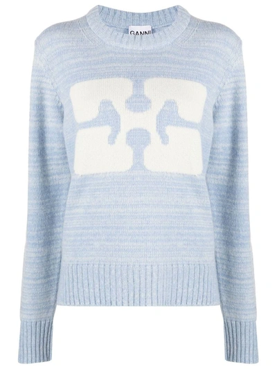 Shop Ganni Wool Pullover With Print In Clear Blue