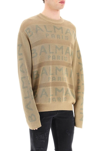 Shop Balmain Oversized Cotton Logo Sweater In Beige