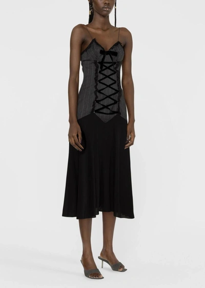 Shop Alessandra Rich Grey Pinstripe Lace-up Midi Dress In Dark Grey