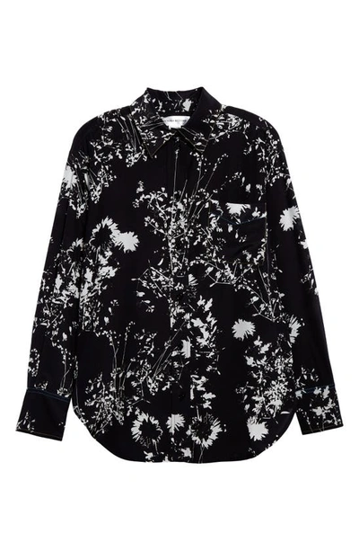 Shop Victoria Beckham Floral Print Oversize Silk Pajama Shirt In Floral Negative - Black/ White