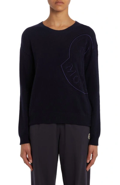 Shop Moncler Embroidered Logo Wool Sweater In Blue Navy