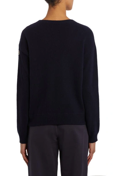 Shop Moncler Embroidered Logo Wool Sweater In Blue Navy