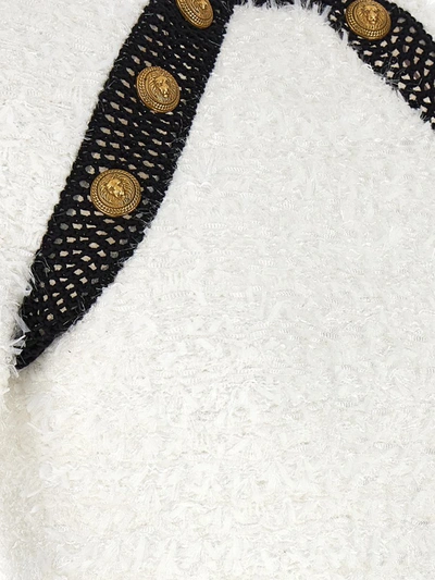 Shop Balmain Logo Button Tweed Top In White/black