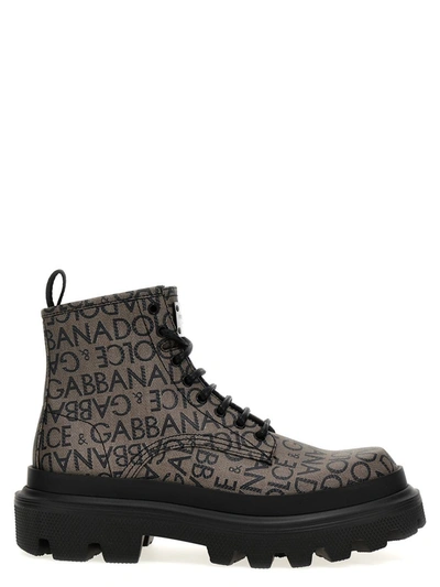 Shop Dolce & Gabbana Jacquard Logo Combat Boots In Gray