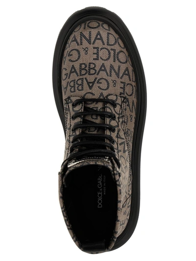Shop Dolce & Gabbana Jacquard Logo Combat Boots In Gray