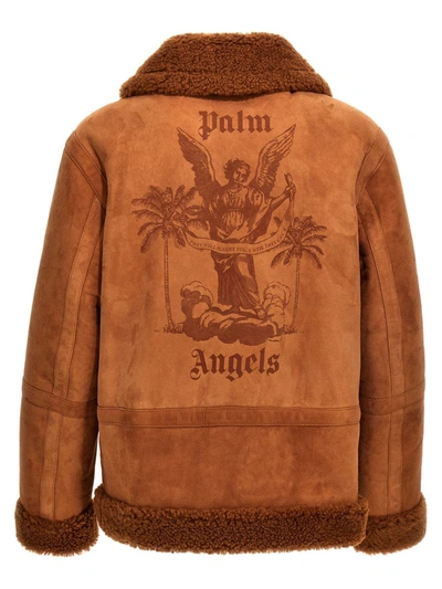 Shop Palm Angels 'university' Sheepskin Jacket In Brown