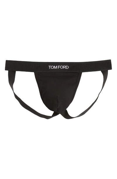 Shop Tom Ford Logo Jacquard Stretch Cotton Jock Strap In Black