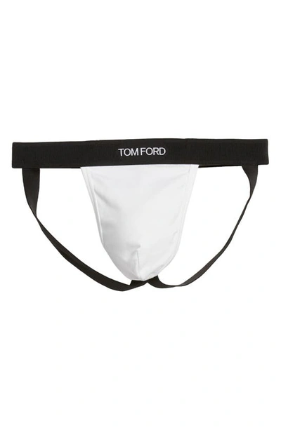 Shop Tom Ford Logo Jacquard Stretch Cotton Jockstrap In White