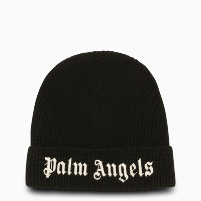 Shop Palm Angels Black Knitted Hat With Logo