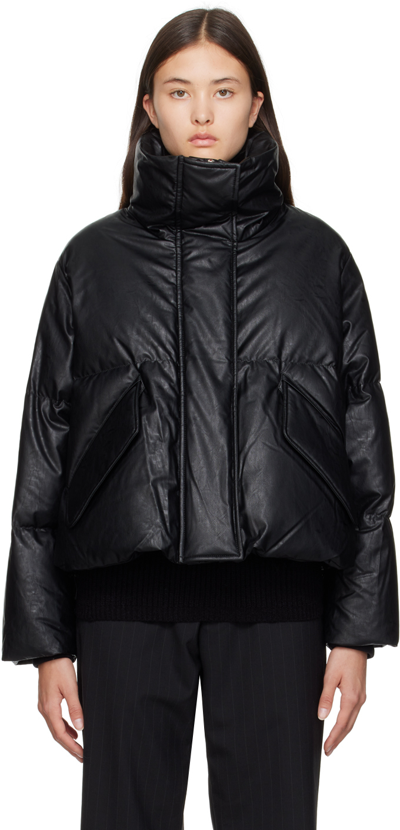 Shop Mm6 Maison Margiela Black Embroidered Faux-leather Down Jacket In 900 Black