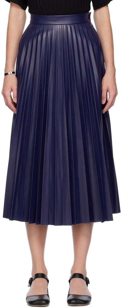 Shop Mm6 Maison Margiela Navy Pleated Faux-leather Midi Skirt In 478 Blue