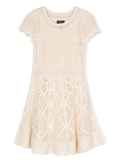 Shop Ralph Lauren Pointelle-knit Cotton Flared Dress In Neutrals