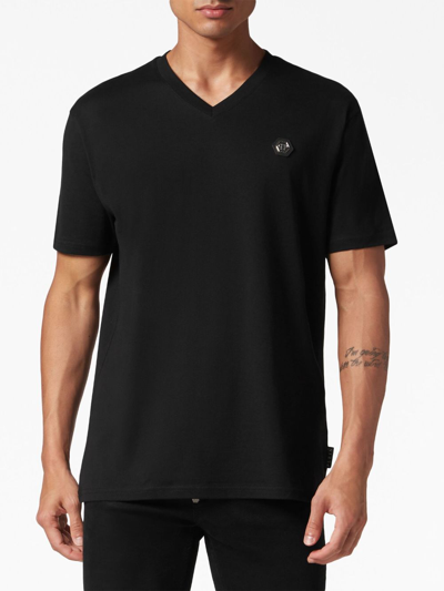 Shop Philipp Plein Ss Iconic Plein V-neck T-shirt In Black