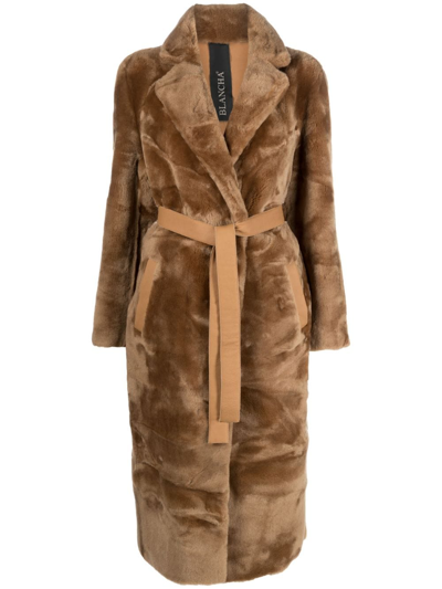 Shop Blancha Reversible Belted Shearling Coat In Brown