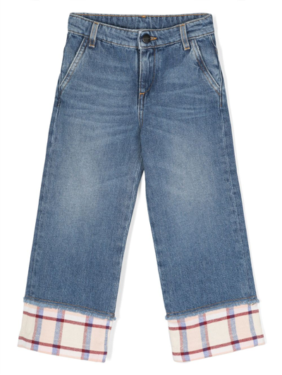 Palm Angels Girl's Check-print Trim Medium Wash Jeans In Blue