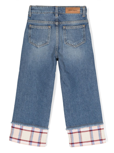 Palm Angels Girl's Check-print Trim Medium Wash Jeans In Blue