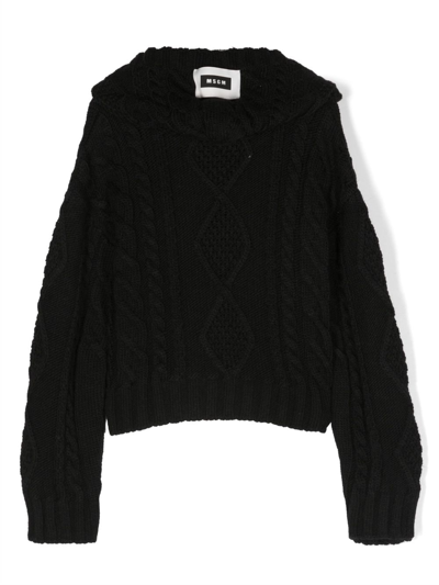 Msgm Black Cable Knit Pullover With Hood In Black