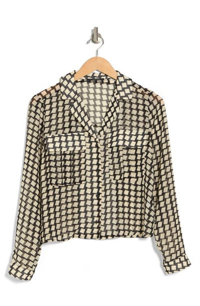 T Tahari Snake Print Long Sleeve Crop Blouse In Black/ Cream Geo