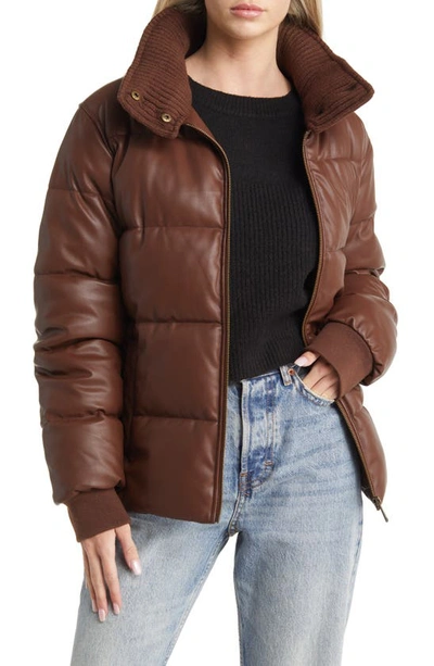 Shop Sam Edelman Faux Leather Puffer Jacket With Ribbed Collar In Brown