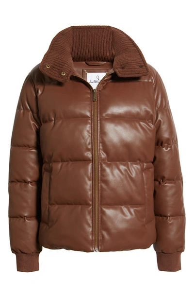 Shop Sam Edelman Faux Leather Puffer Jacket With Ribbed Collar In Brown