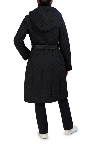 Cole Haan Signature Leather Trim Hooded Quilted Coat In Black