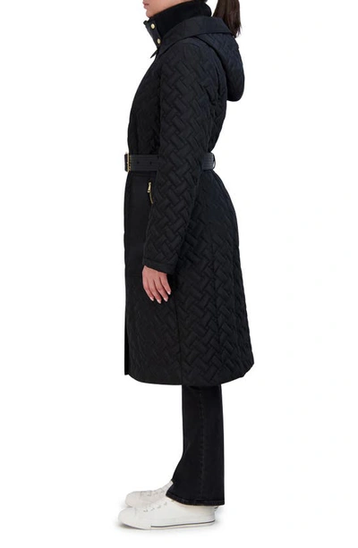 Cole Haan Signature Leather Trim Hooded Quilted Coat In Black