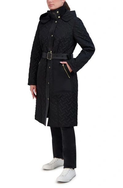 Cole Haan Signature Leather Trim Hooded Quilted Coat In Black