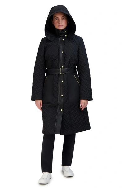 Cole Haan Signature Leather Trim Hooded Quilted Coat In Black