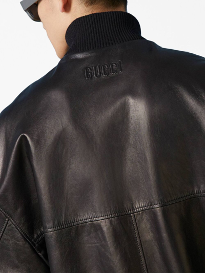 Shop Gucci Leather Bomber Jacket In Schwarz
