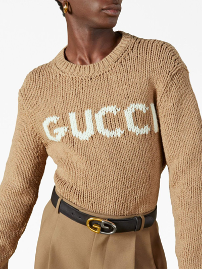 Shop Gucci Logo-intarsia Wool Jumper In Braun