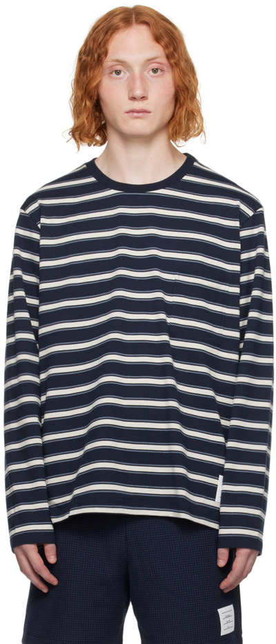 Shop Thom Browne Navy Striped Long Sleeve T-shirt In 415 Navy