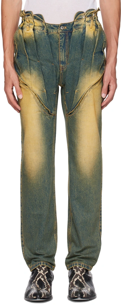 Juntae Kim Blue Gathered Corset Jeans In Washed Green