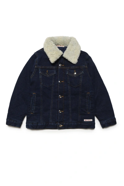 Shop Marni Dark Jeans Jacket With Faux Fur Collar In Blue