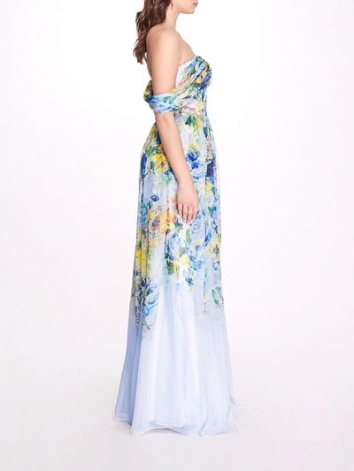 Shop Marchesa Center Knot Chiffon Gown In Blue/yellow