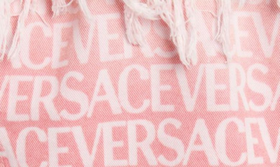 Shop Versace Logo Print Frayed Denim Jacket In 1d560 Flamingo Pink