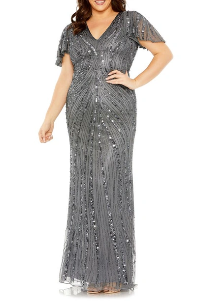 Shop Fabulouss By Mac Duggal Embellished Flutter Sleeve Gown In Pewter