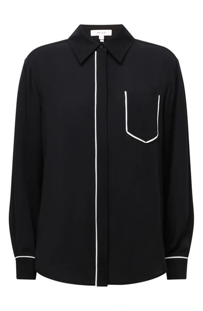 Shop Reiss Gina Piped Button-up Blouse In Black/ Ivory
