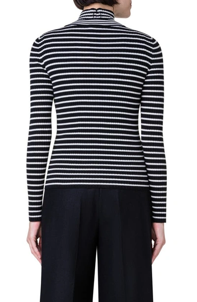 Akris Punto Stripe Virgin Wool Rib Cardigan In Black/ Cream