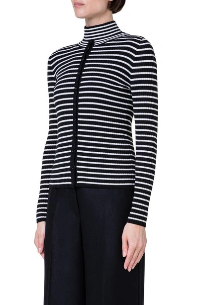 Akris Punto Stripe Virgin Wool Rib Cardigan In Black/ Cream
