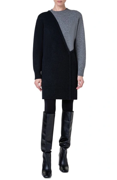 Shop Akris Punto Colorblock Long Sleeve Virgin Wool Blend Sweater Dress In 985 Black Slate